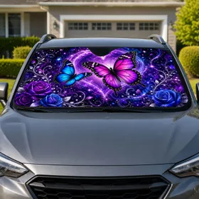 Galaxy Butterfly Rose Heart With Violet Stars For Dreamy Celestial Decor Lovers Gift Car Sunshade