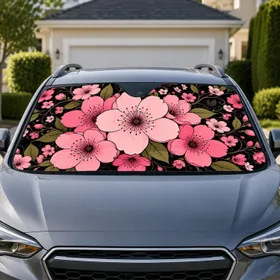 Pink Cherry Blossom Floral Bouquet On Black For Summer Road Trips And Daily Drivers Car Sunshade