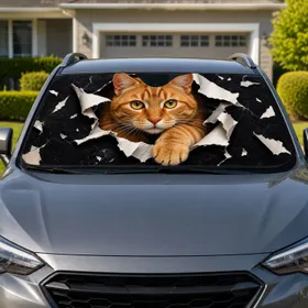 Ginger Tabby Cat Ripping Through Torn Paper For Bold Pet Lover Style And Cat Fans Car Sunshade