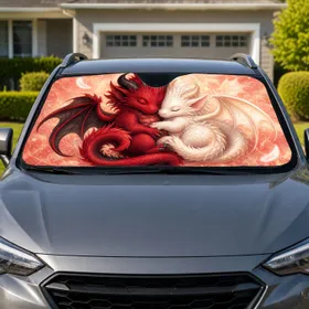 Cuddling Red And Ivory Baby Dragons Fantasy Decor For Cozy Cottagecore Gift Lovers Car Sunshade