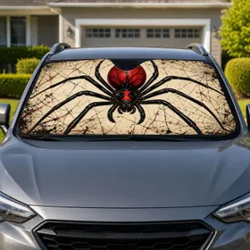 Black Widow Spider With Crimson Hourglass Webs For Gothic Halloween Horror Fans Car Sunshade