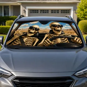 Skeleton Road Trip Duo In Desert Highway Scene For Summer Travel And Road Warriors Car Sunshade