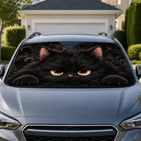 Grumpy Black Cat Face With Fluffy Fur For Goth Pet Lovers And Daily Drive Style Fans Car Sunshade