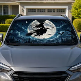 Gothic Witch Flying Across Full Moon Halloween Night Sky Decor For Spooky Drivers Car Sunshade