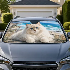 Blue Eyed White Cat On Coastal Highway Ocean Beach Road Trip Decor For Cat Lovers Car Sunshade