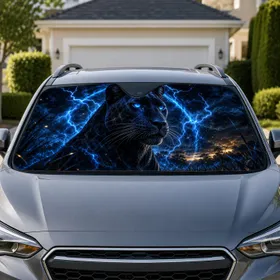 Black Panther With Blue Lightning Storm Fantasy Wildlife Decor For Bold Drivers And Fans Car Sunshade