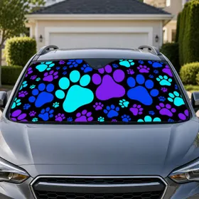 Colorful Animal Paw Marks On Black For Pet Lovers Road Trip Decor And Daily Drives Car Sunshade