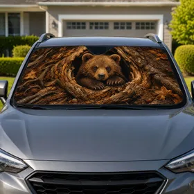 Realistic Bear Cub In Hollow Tree Woodland Cabin Camping Decor For Wildlife Fans Car Sunshade
