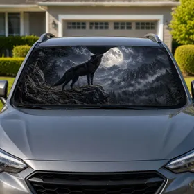 Howling Black Wolf Under Full Moon In Mountain Forest For Camping And Outdoor Fans Car Sunshade