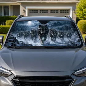 Charging Gray Wolf Pack In Snowy Alpine Mountains For Winter Wilderness Fans And Hunters Car Sunshade