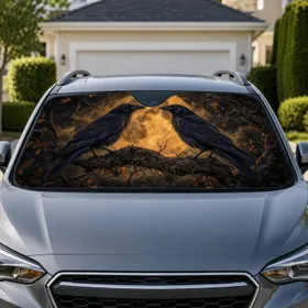 Two Black Ravens With Harvest Moon Gothic Night Decor For Halloween Road Trips And Fans Car Sunshade