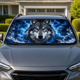Realistic Gray Wolf With Electric Blue Lightning Storm For Night Drive Adventure Fans Car Sunshade