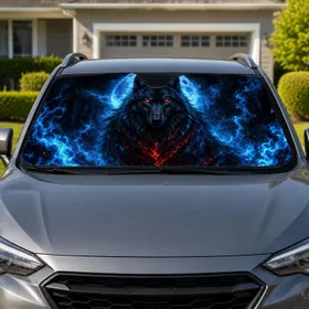 Mystical Black Wolf With Blue Moon And Flames For Dark Fantasy Road Trips For Wolf Lovers Car Sunshade