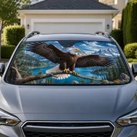 Bald Eagle Over Alpine Lake Mountains For Patriotic Rustic Outdoor Adventure Lovers Car Sunshade