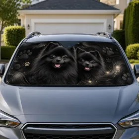 Two Black Pomeranian Portraits With Charcoal Paw Accents For Dog Lovers And Daily Travel Car Sunshade