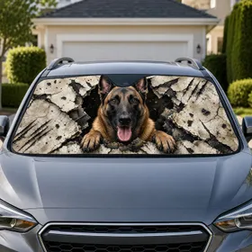 Realistic Belgian Malinois Breaking Through Cracked Wall Scene For Dog Lovers And Fans Car Sunshade
