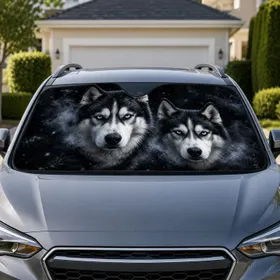 Two Siberian Husky Faces With Icy Blue Eyes For Winter Road Trips And Dog Lovers Car Sunshade