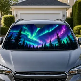 Aurora Borealis Night Sky Evergreen Forest Scene For Camping Road Trips And Nature Fans Car Sunshade