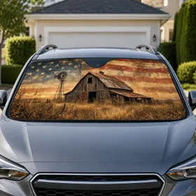 Rustic American Flag Barn And Windmill Americana Farmhouse Decor For Road Trips Fans Car Sunshade