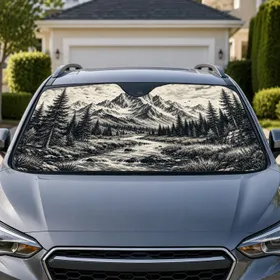 Black And White Alpine River Mountain Scene For Outdoor Adventure Cabin Nature Lovers Car Sunshade