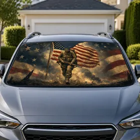 Vintage American Soldier With U.S. Flag Patriotic Military Tribute For Veterans Families Car Sunshade