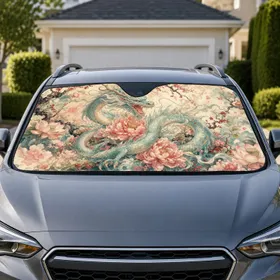 Eastern Dragon With Peony Blossoms Watercolor Fantasy Decor For Asian Aesthetic Fans Car Sunshade