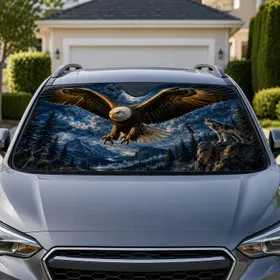 Majestic Bald Eagle And Wolf Moonlit Forest Scene For Patriotic Outdoor Enthusiasts Car Sunshade