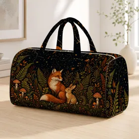 Halloween Fox And Rabbit Moonlit Forest Folk Art For Autumn Travel Nature Lovers Quilted Weekend Bag