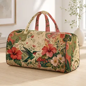 Retro Hummingbird Floral Garden With Hibiscus For Overnight Travel And Boho Women Quilted Weekend Bag