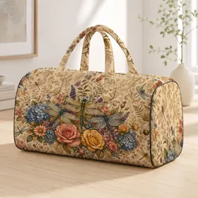 Vintage Dragonfly Floral Garden Motif For Cottagecore Travel And Farmers Market Days Quilted Weekend Bag