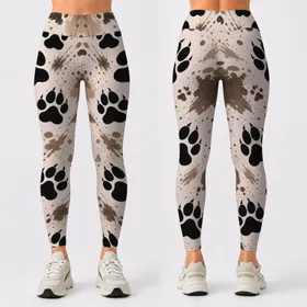 Black Paw Tracks On Rustic Taupe Hide Splatter For Everyday Casual Animal Lover Style Leggings