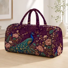 Blue Peacock With Plum Peonies And Gold Vines For Elegant Travel Style Women Gifts Quilted Weekend Bag