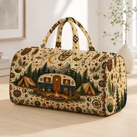 Vintage Camping Trailer Campfire Compass Mountain Road Trip Holiday Gift For Campers Quilted Weekend Bag