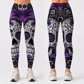 Gothic Sugar Skull With Purple Lilies For Day Of The Dead Festival Style Alt Fashion Fans Leggings