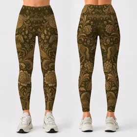 Olive Gold Botanical Vine Ornament For Country Club Style And Boho Evening Looks Leggings
