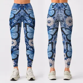 Sky Blue Butterfly Daisy Vine Cascade For Spring Yoga, Festival, And Garden Walks Leggings