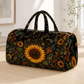 Sunflower And Butterfly Black Botanical Floral For Travel Getaways And Garden Lovers Quilted Weekend Bag