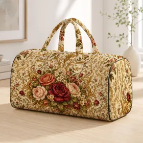 European Vintage Burgundy Rose Bouquet Damask Scrolls For Romantic Holiday Style Quilted Weekend Bag