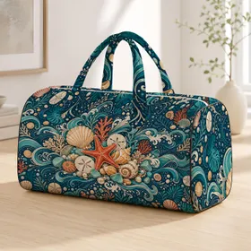 Coastal Seashell Starfish Nautical Waves For Beach Resort Travel And Ocean Decor Fans Quilted Weekend Bag