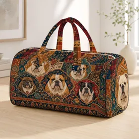 Bohemian English Bulldog Portraits With Paisley Plaid For Dog Lover Travel Style Quilted Weekend Bag