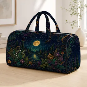 Enchanted Moonlit Forest Lake With Boho Botanicals For Travel And Camping Escapes Quilted Weekend Bag