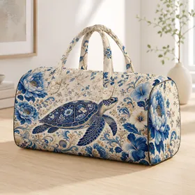 Elegant Sea Turtle Blue Floral Ivory Navy Coastal Resort Vacation Style For Ocean Lovers Quilted Weekend Bag