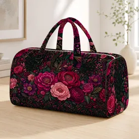 Magenta Roses Camellias Peonies On Dark Botanical Florals For Romantic Travel Style Quilted Weekend Bag