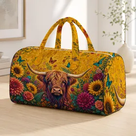 Colorful Highland Bull With Flowers And Butterflies For Travel Getaways And Daily Errands Quilted Weekend Bag