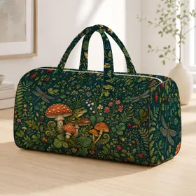 Enchanted Frog And Mushroom Woodland Botanical Travel Overnight Gym Camping Style Quilted Weekend Bag