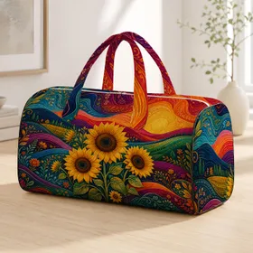 Radiant Sunflower Bouquet With Rainbow Hills For Boho Sunset Travel Style Women Gift Quilted Weekend Bag