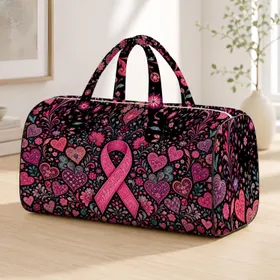 Pink Breast Cancer Ribbon With Folk Art Hearts For Awareness Events And Survivor Gifts Quilted Weekend Bag