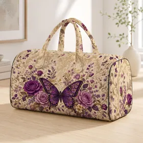 Vintage Purple Butterfly Roses With Gold Vines For Elegant Travel And Daily Style Quilted Weekend Bag