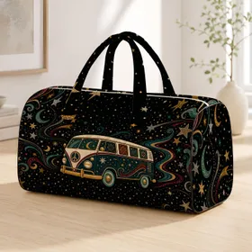 Retro 70s Microbus With Boho Celestial Stars For Groovy Road Trip Vacation Lovers Quilted Weekend Bag