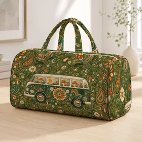 Retro Van Mushroom Daisy Boho Woodland Road Trip Decor For Groovy Camper Style Lovers Quilted Weekend Bag